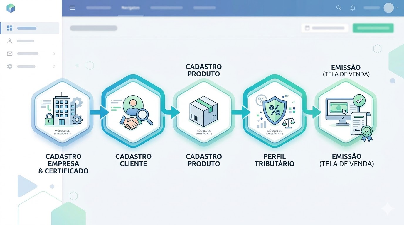 Fluxo visual com as etapas de cadastro e emissão de NF-e no sistema